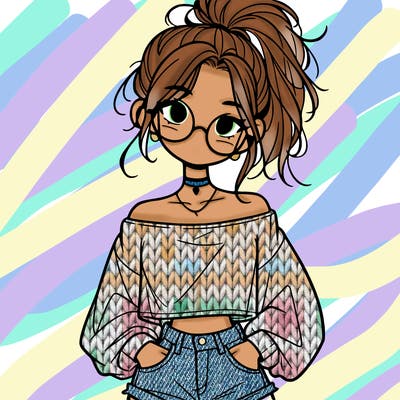 girl with a messy ponytail glasses a baggy crop top and jean shorts
