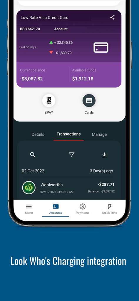 AustMilBank - AustMilBank mobile banking app interface showing account balance and transaction details.