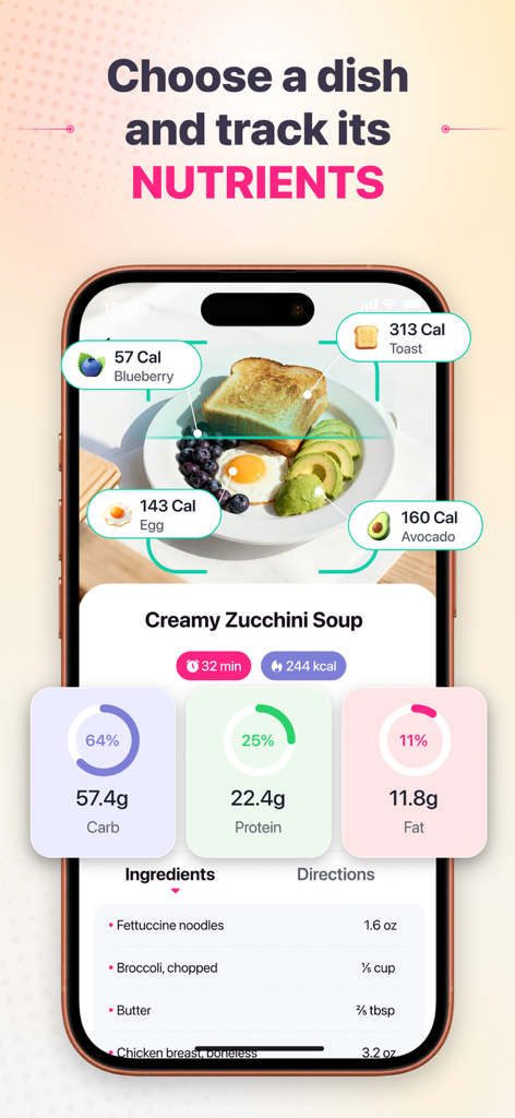 Health Monitor: Heart Rate - Interface do aplicativo Monitor de Saúde mostrando identificação de calorias de alimentos e desglose de macronutrientes para carboidratos, proteínas e gorduras