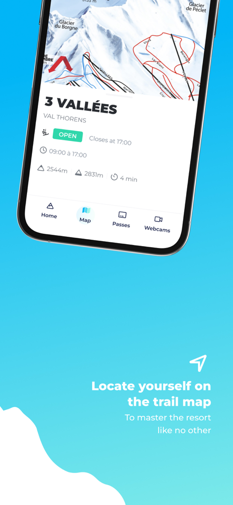 Les 3 Vallées app displaying a geolocated ski trail map and lift status for Val Thorens
