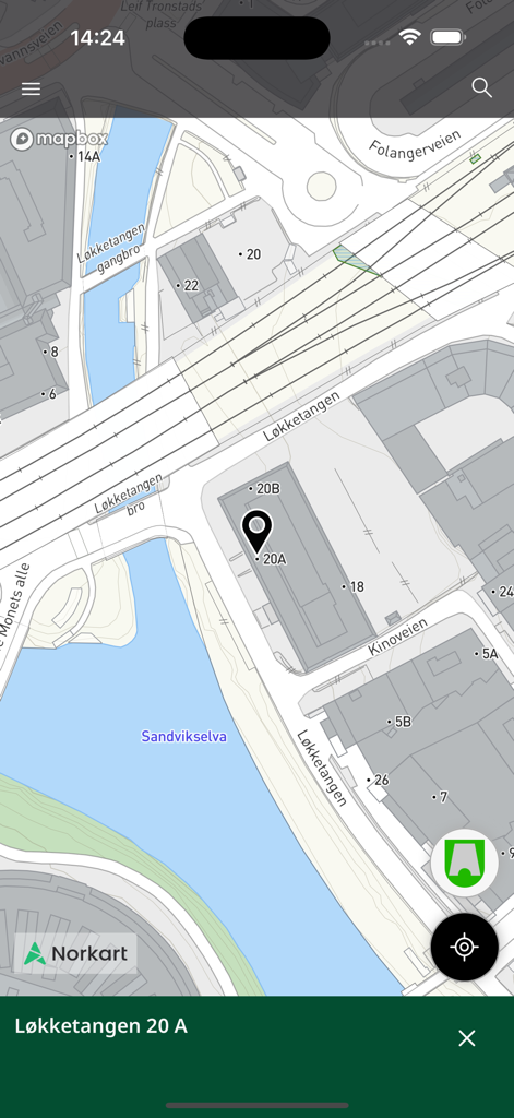 Mapa municipal detallado en la aplicación Kommunekart que muestra los límites de propiedad y la dirección Løkketangen 20A en Noruega
