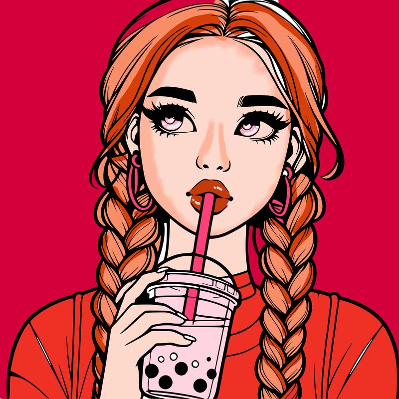 realistic girl with braided hair drinking boba