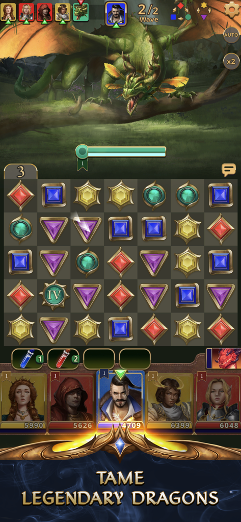 Una interfaz de juego de puzzle de Match-3 que muestra una batalla contra un dragón verde gigante con un equipo de héroes de fantasía