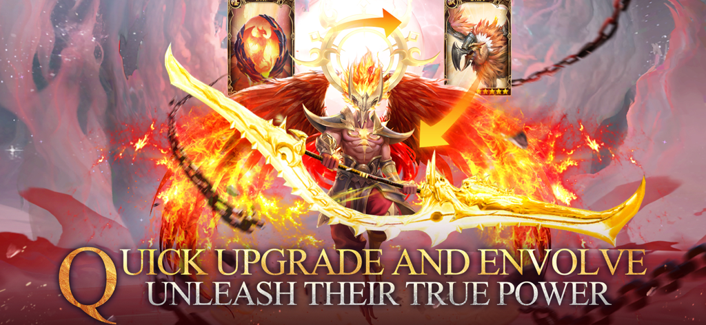 Fantastic Beasts: Wild Legend - Um personagem lendário com asas flamejantes e uma lâmina dourada brilhante mostrando evolução e aprimoramentos de poder em Fantastic Beasts Wild Legend.