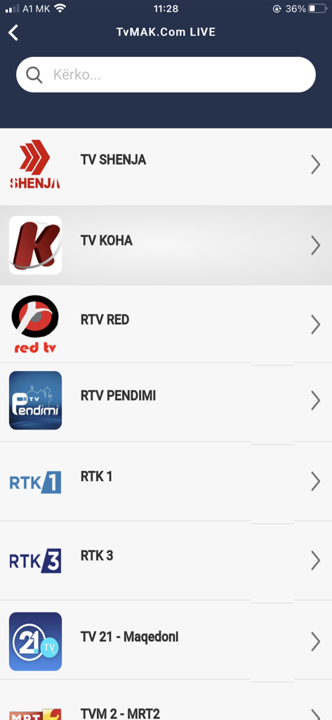 Elenco dei canali TV albanesi in diretta disponibili sull'app TvMAK, inclusi RTK e TV 21