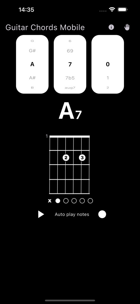 Guitar Chords Mobile - Interfaz de la aplicación Acordes de Guitarra Móvil mostrando un diagrama de acorde de La7 y posiciones de dedos