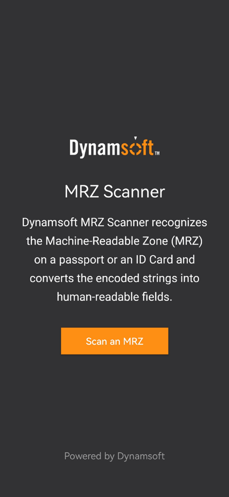 Dynamsoft MRZ Scanner - Home screen of the Dynamsoft MRZ Scanner app showing a button to scan machine readable zones on passports and ID cards.