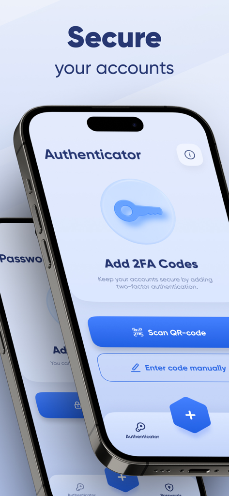 Mobile 2FA authenticator app interface showing options to scan QR code or enter codes manually.
