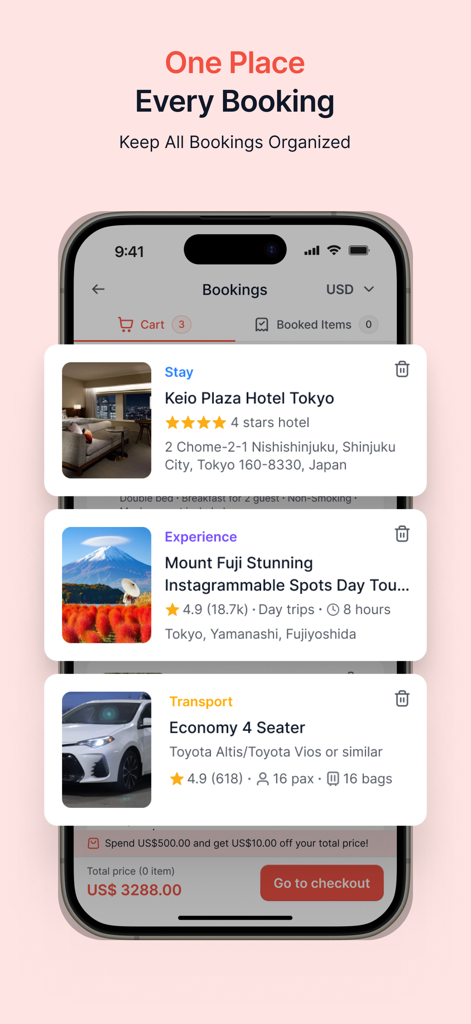 Holicay - Holicay mobile app screen displaying organized travel bookings for hotel, experiences, and transport in a single interface.