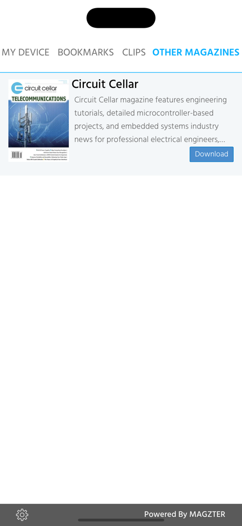 audioXpress 앱의 다른 잡지 화면으로, Circuit Cellar 잡지와 다운로드 옵션을 보여줍니다.