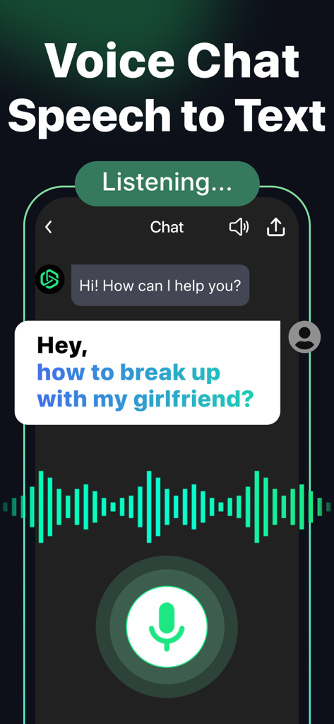 AI Chat − AI Chatbot Assistant - AI Chat app interface showing voice chat and speech to text feature with a listening indicator and microphone button