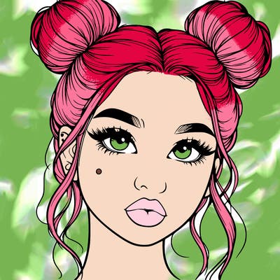 realistic girl with two buns on her hair and lips