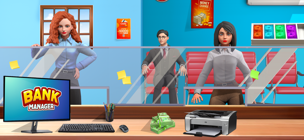 Bank Games - ATM Cash Register - A bank office simulation scene with a computer desk, cash, and staff behind a counter.