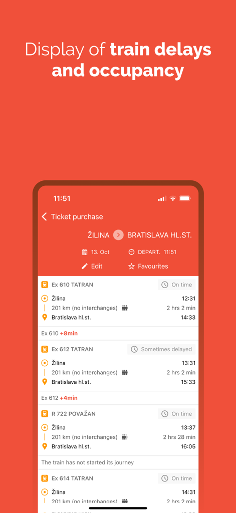 IDeme vlakom - IDeme vlakom app interface showing train schedules with real time delay and occupancy information