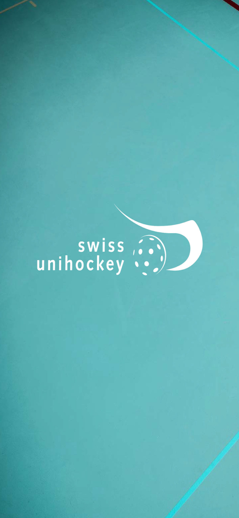 Logotipo oficial de Swiss Unihockey sobre un fondo de cancha de floorball de color turquesa