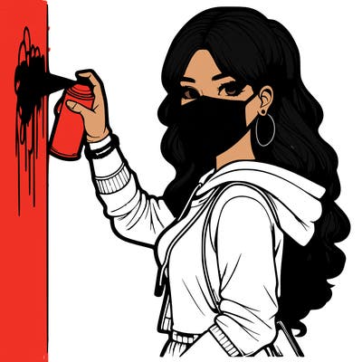 realistic girl with mask spray painting a wall