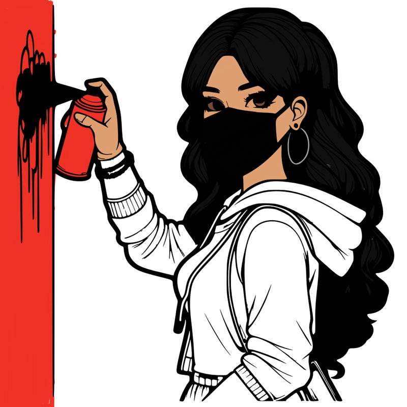 realistic girl with mask spray painting a wall