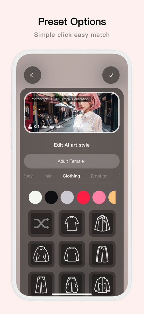 Interfaz de la app Pofi AI que muestra opciones de ropa y color preestablecidas para la generación de personajes