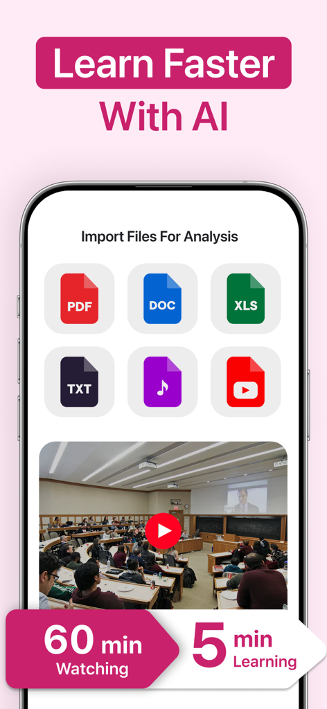 iNotebook: AI Note Taker - iNotebook app interface showing file import options like PDF and YouTube for AI analysis and summarization