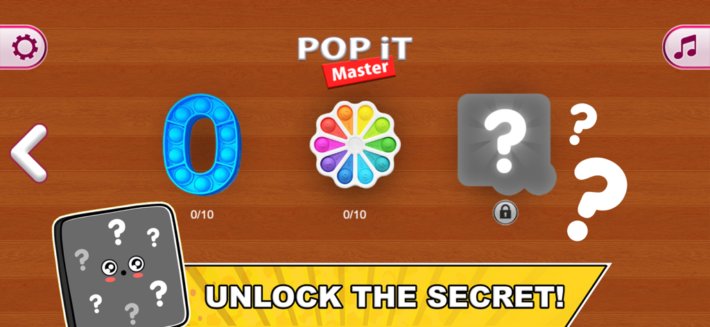 Pop it Master game interface showing a collection of fidget toys and a prompt to unlock the secret mode