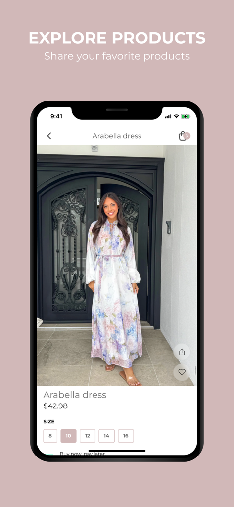 Urban Culture - Urban Culture app product page displaying a floral modest maxi dress with size and price details.