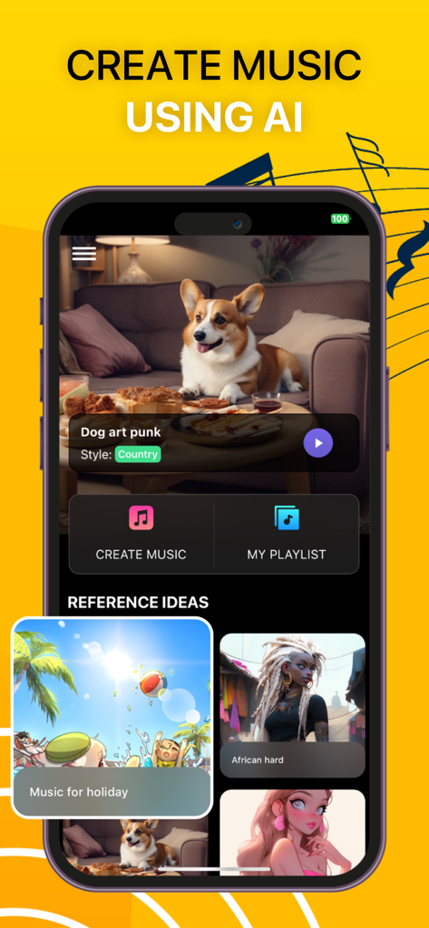 AI Music Generator Song Writer - Interface of the AI Music Generator Song Writer app showing options to create music and browse reference ideas
