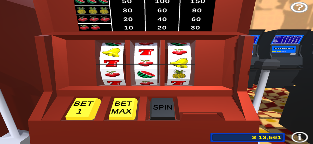 Magnin Casino Challenge - Interface of a three reel slot machine within the Magnin Casino Challenge app featuring classic symbols and betting buttons