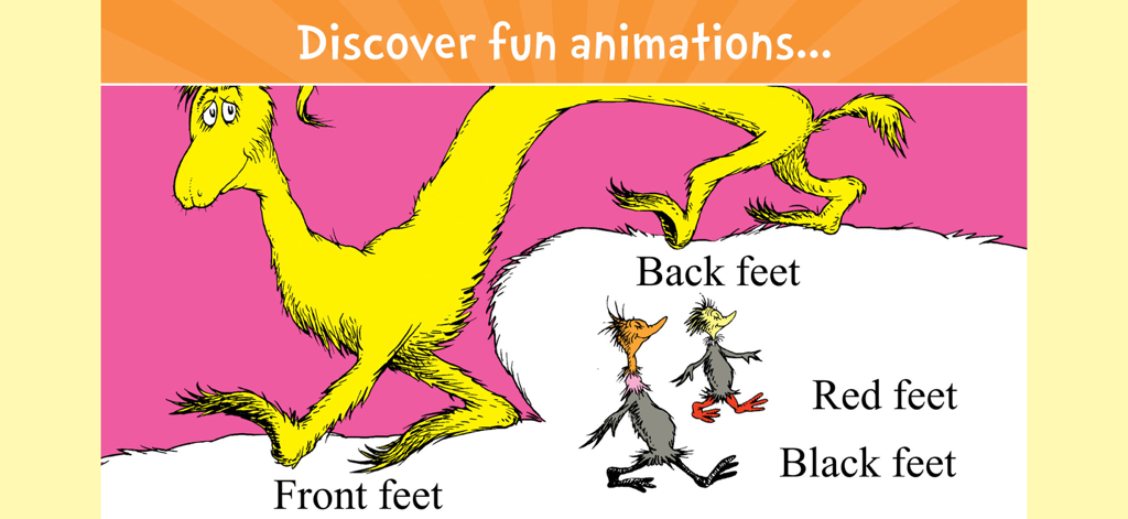 Dr Seuss characters illustrating front back red and black feet in the app
