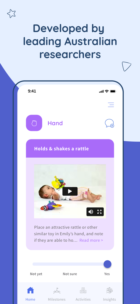 Baby Milestones & Development - Tela do aplicativo Alo mostrando uma atividade de marco do bebê para segurar e chacoalhar um chocalho