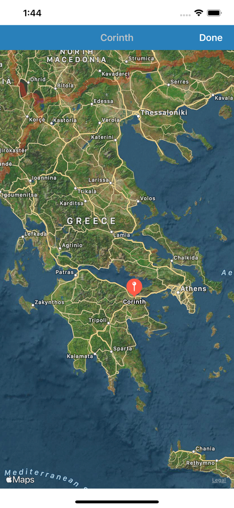 Un mapa de Grecia en la aplicación e-Sword LT con un marcador que señala la ubicación bíblica de Corinto