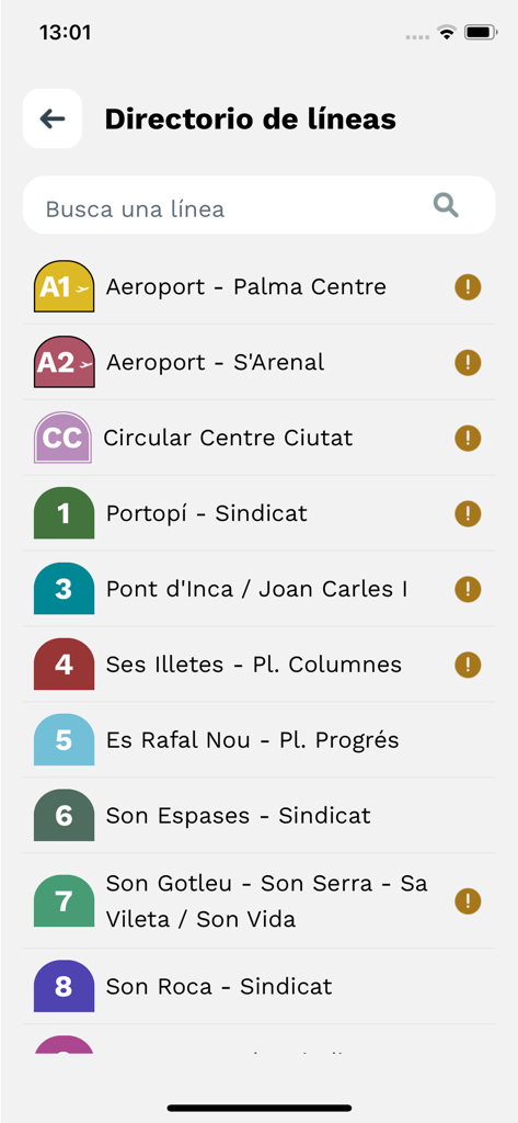 Lista de rutas de autobús en la aplicación EMT Palma, incluidas las líneas del aeropuerto y del centro de la ciudad
