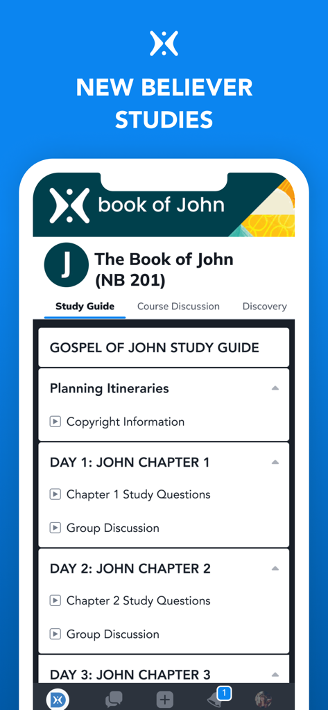 Harvest Discipleship - Harvest Discipleship app screen showing a Bible study guide for the Book of John with daily lessons.