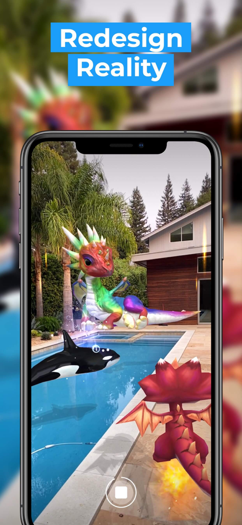 A smartphone showing the Leo AR Camera app with a colorful 3D dragon and an orca whale in a backyard pool