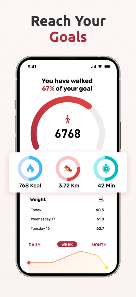 Walking Weight Loss: Walk Pal - Interface of Walk Pal app showing step count calories and weight loss progress chart