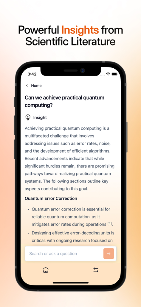 SciSpace - Aplicación móvil SciSpace que muestra información de investigación generada por IA con citas académicas para una pregunta científica