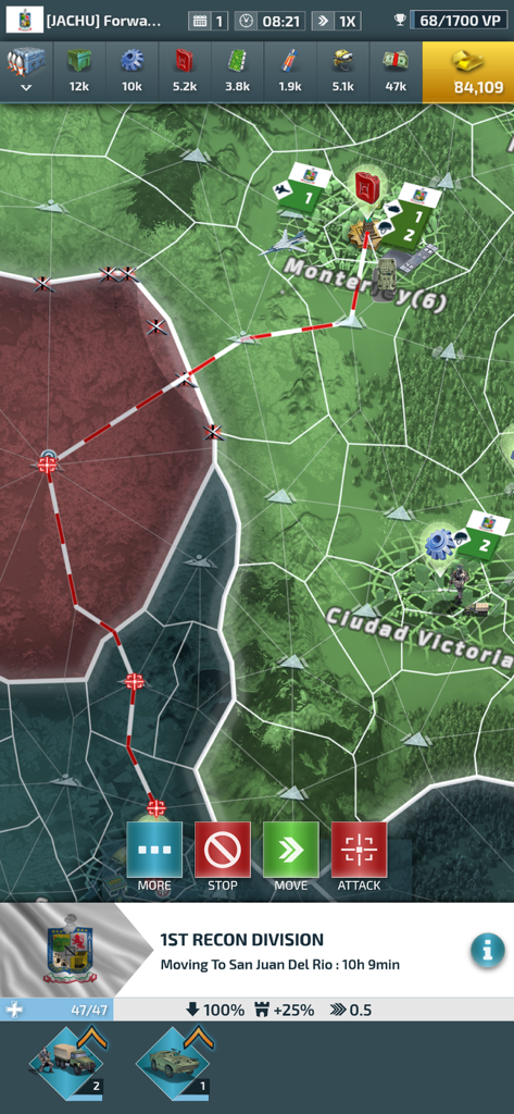 Captura de pantalla del juego Supremacy World War 3 que muestra un mapa táctico con órdenes de movimiento de unidades y gestión de recursos