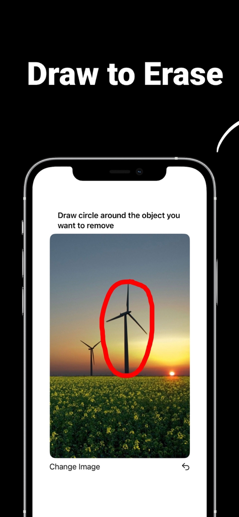 Remove Objects from Photo: PRO - Pantalla de smartphone mostrando la función Dibujar para Borrar en una aplicación de edición de fotos para eliminar una turbina eólica de un paisaje de atardecer