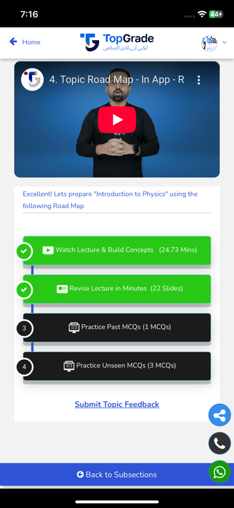 TopGrade.pk - A topic roadmap for Physics in the TopGrade app showing a study path with video lectures and MCQ practice.