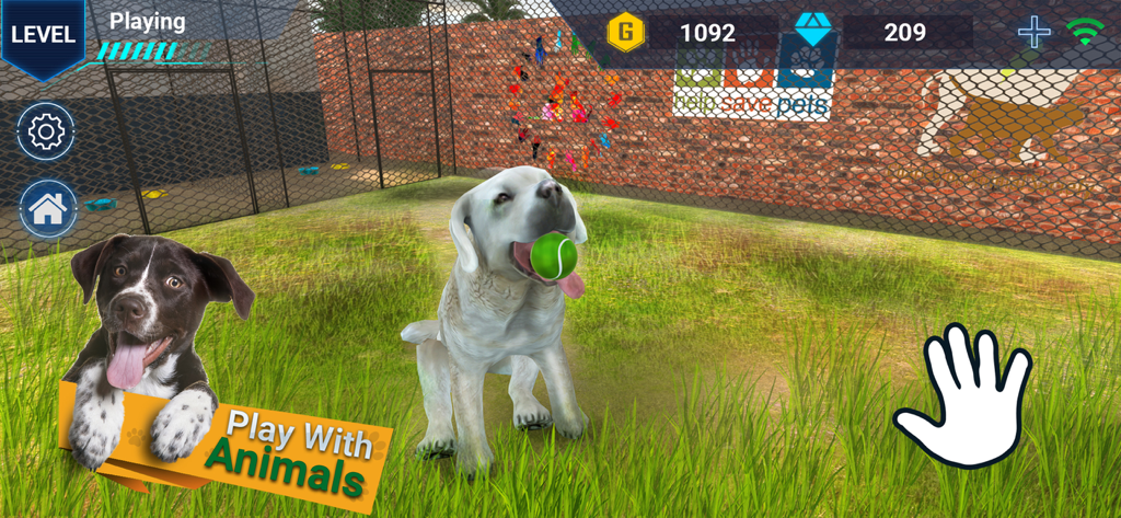 Virtual Pet Shelter Simulator - A dog holding a tennis ball in its mouth in the Virtual Pet Shelter Simulator gameplay screen