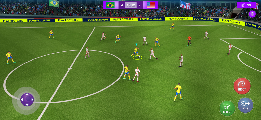 Captura de pantalla del juego de Play Football League 2026 que muestra un partido de fútbol entre Brasil y EE. UU. con controles táctiles móviles.