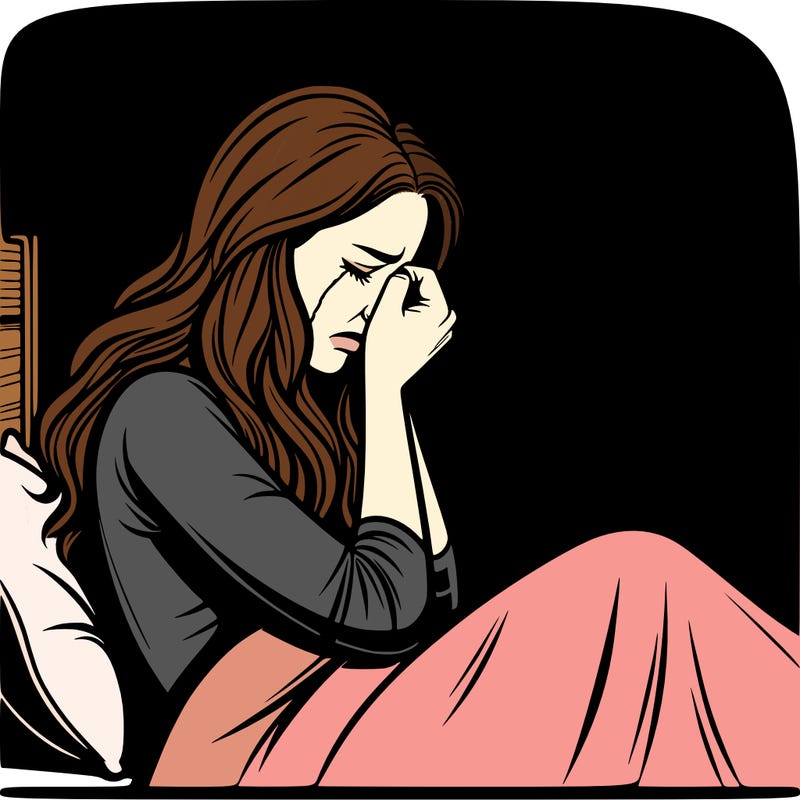 realistic woman crying in her bed in a dark room