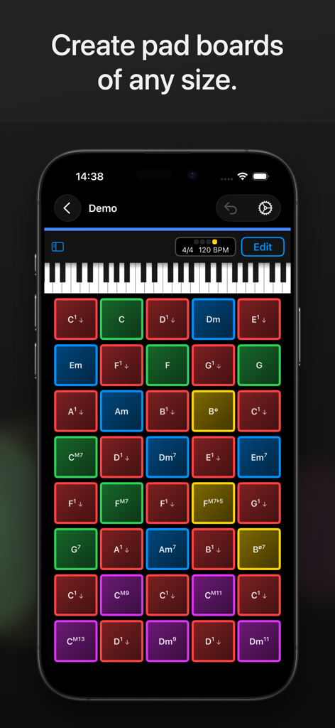 ChordPadX 2 - A colorful grid of customizable chord pads in the ChordPadX 2 MIDI controller app