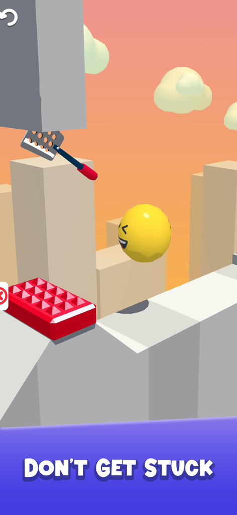A kitchen tool flipping in the air above a yellow emoji and obstacles in the Slice It All mobile game.
