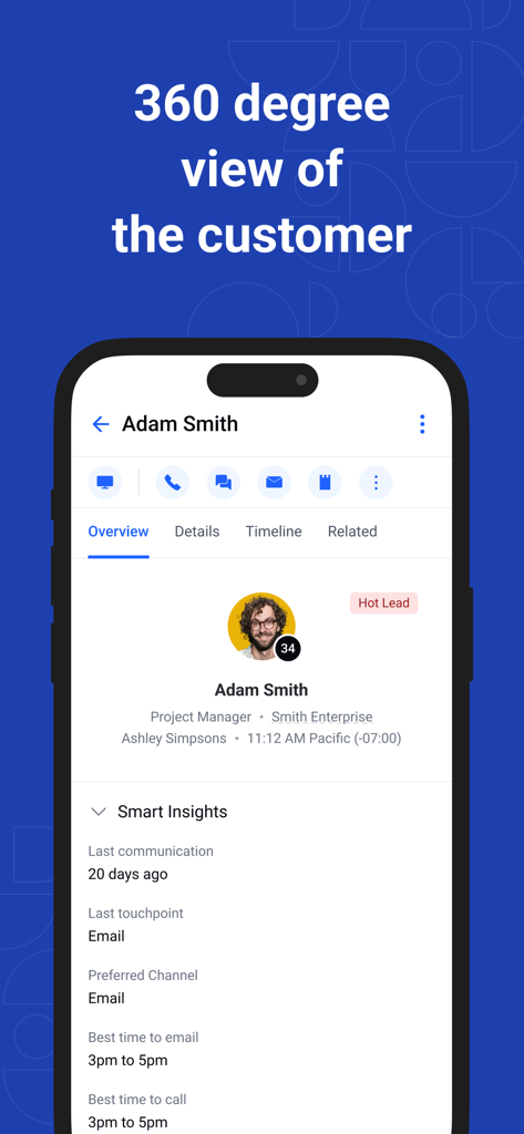 Salesmate – Sales CRM - Salesmate CRM mobile app displaying a comprehensive customer profile with smart insights and contact history
