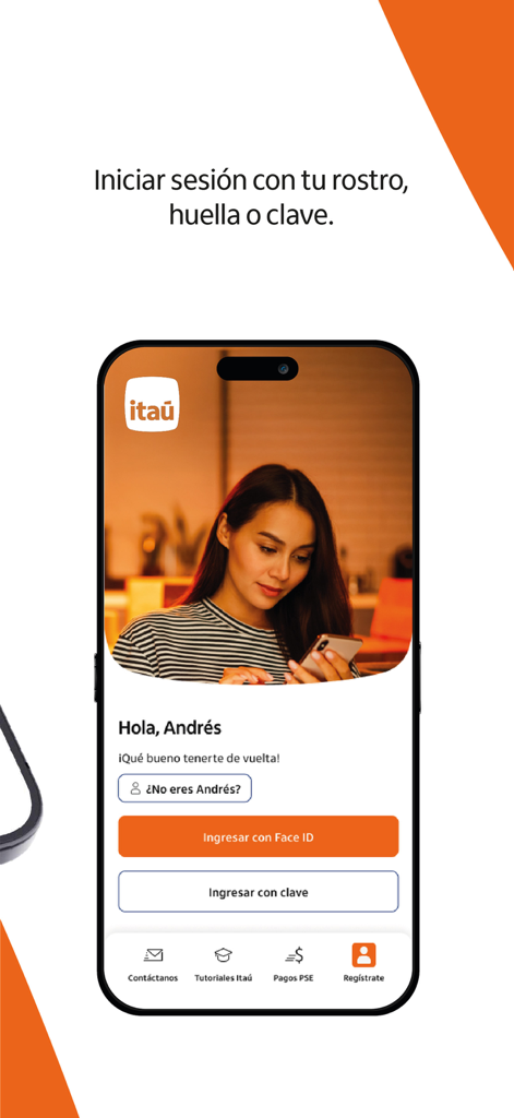 Itau Colombia app login screen showing Face ID and password entry options