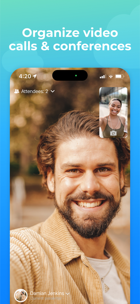 Pantalla de la aplicación Bitrix24 mostrando una videollamada con dos participantes