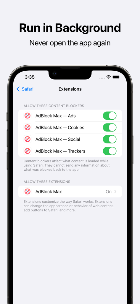 AdBlock Max - AdBlock Max interface showing Safari extension settings with content blockers for ads, cookies, and trackers enabled