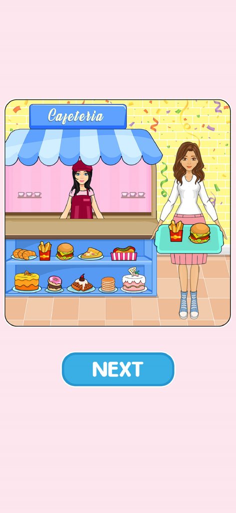 Paper Doll: Doll Dress Up Game - A paper doll character standing at a cafeteria counter holding a food tray with a burger and fries