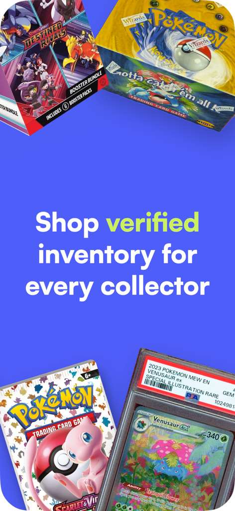 Pantalla promocional de la aplicación Rare Candy para comprar inventario verificado de cartas de Pokémon, incluyendo cajas de sobres y cartas clasificadas