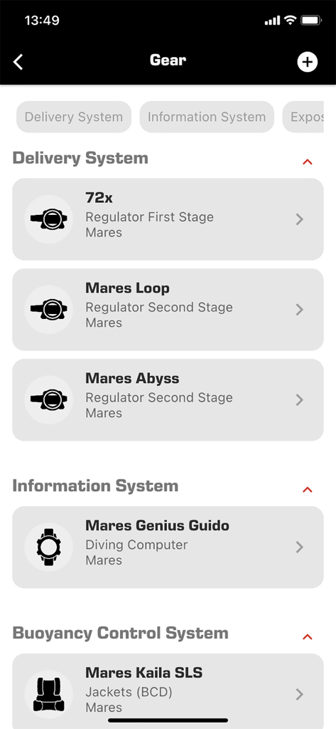 Digital list of scuba diving equipment including regulators and dive computers in the MySSI app